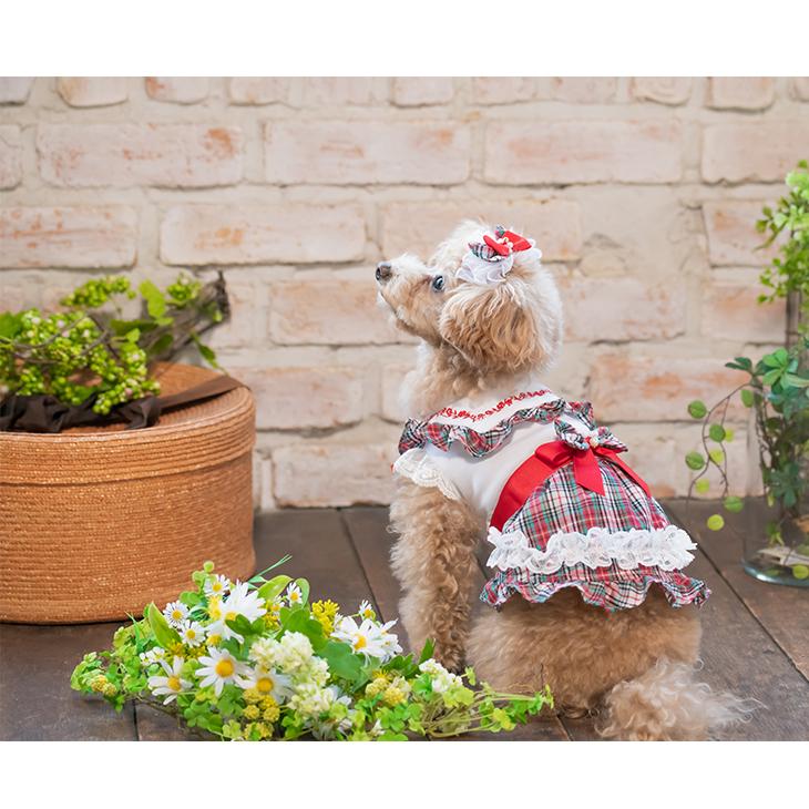 犬 服 犬服 春夏 タータンチェックセーラーカラーワンピース リボン レース フリル 花モチーフ チェック柄 季節映え レッド グリーン 1056 | CanNana | 08