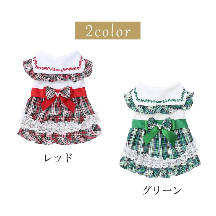 犬 服 犬服 春夏 タータンチェックセーラーカラーワンピース リボン レース フリル 花モチーフ チェック柄 季節映え レッド グリーン 1056 | CanNana | 15