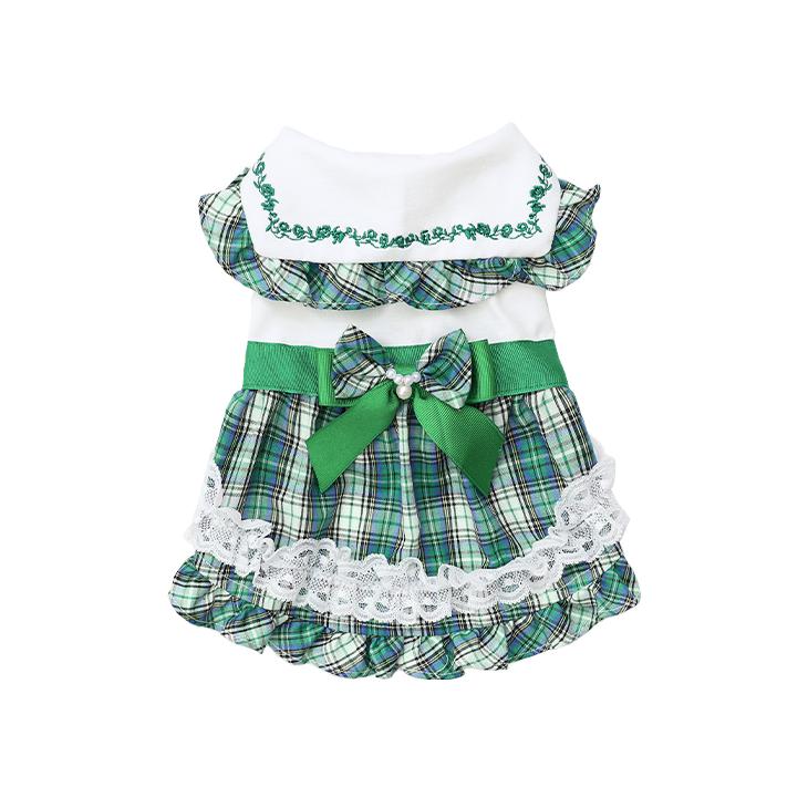 犬 服 犬服 春夏 タータンチェックセーラーカラーワンピース リボン レース フリル 花モチーフ チェック柄 季節映え レッド グリーン 1056 | CanNana | 03