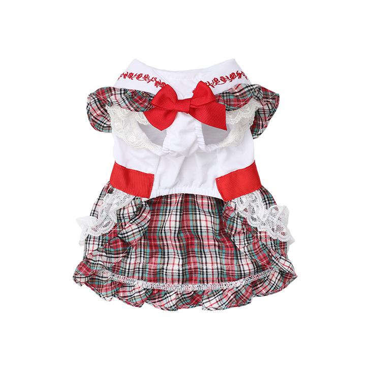 犬 服 犬服 春夏 タータンチェックセーラーカラーワンピース リボン レース フリル 花モチーフ チェック柄 季節映え レッド グリーン 1056 | CanNana | 04