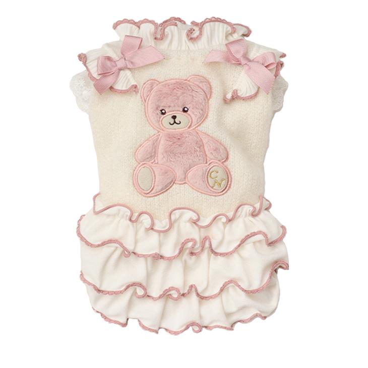 CanNana 犬 服 犬服 ワンピース くま ベア 限定 くすみピンク フリル