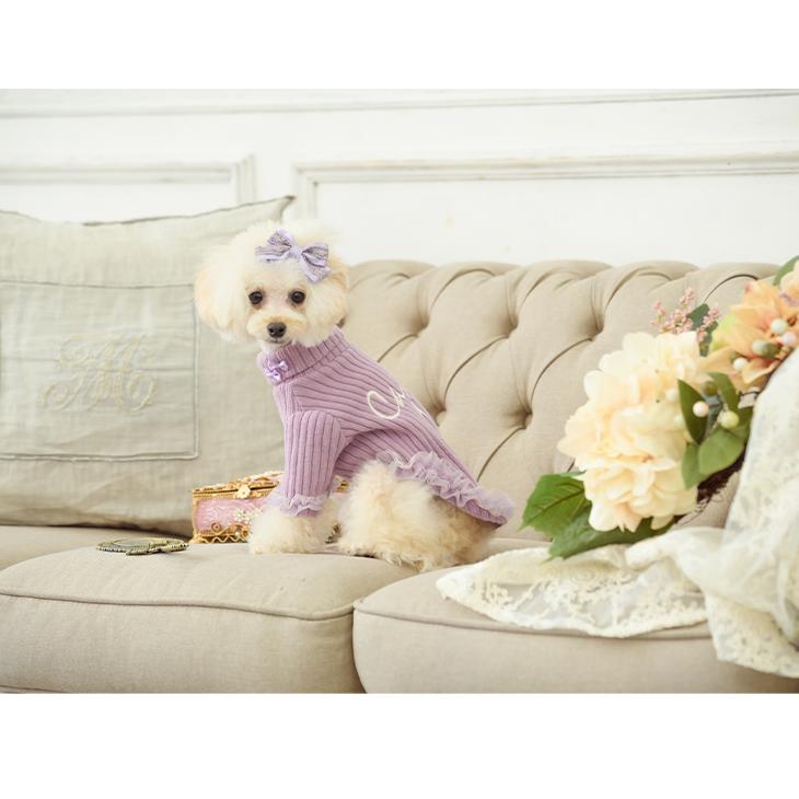 犬 服 犬服  冬 ロゴ刺繍入りリブ袖ありトップス  袖あり タートルネック チュール リボン 温かい シャープな着こなし ラベンダー ベージュ かぶり 1086 | CanNana | 09