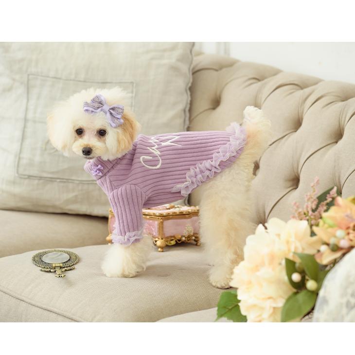 犬 服 犬服  冬 ロゴ刺繍入りリブ袖ありトップス  袖あり タートルネック チュール リボン 温かい シャープな着こなし ラベンダー ベージュ かぶり 1086 | CanNana | 06