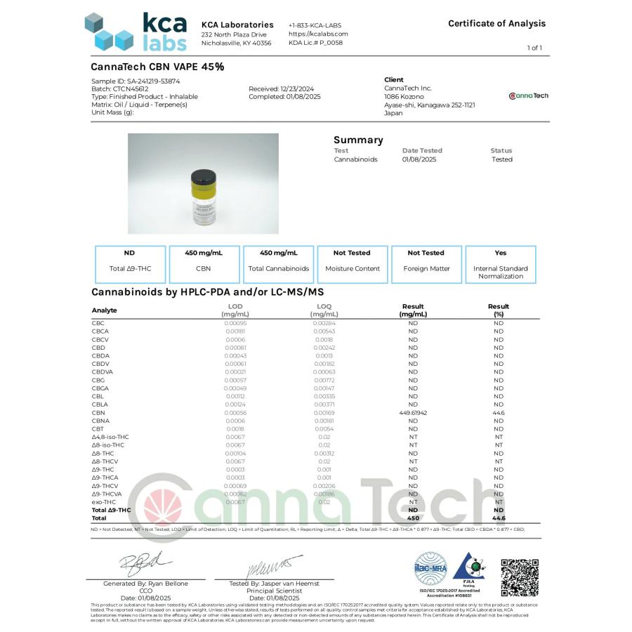 CBN 高濃度 リキッド 45% カートリッジ 1g  CBN 450mg CannaTech 高濃度 510規格 cbdリキッド メンソール og kush  日本製 cbd リキッド 高濃度 新規制対応 爆買 | CannaTech | 13