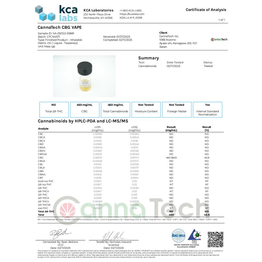 CBG 高濃度 リキッド カートリッジ 45％ CBG450mg 配合 CannaTech  510型 国産 日本製 ベイプ cbd カートリッジ | CannaTech | 05