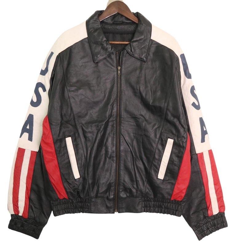 unknown 星条旗 リアルレザー ライダースジャケット 古着 メンズUS-2XL 