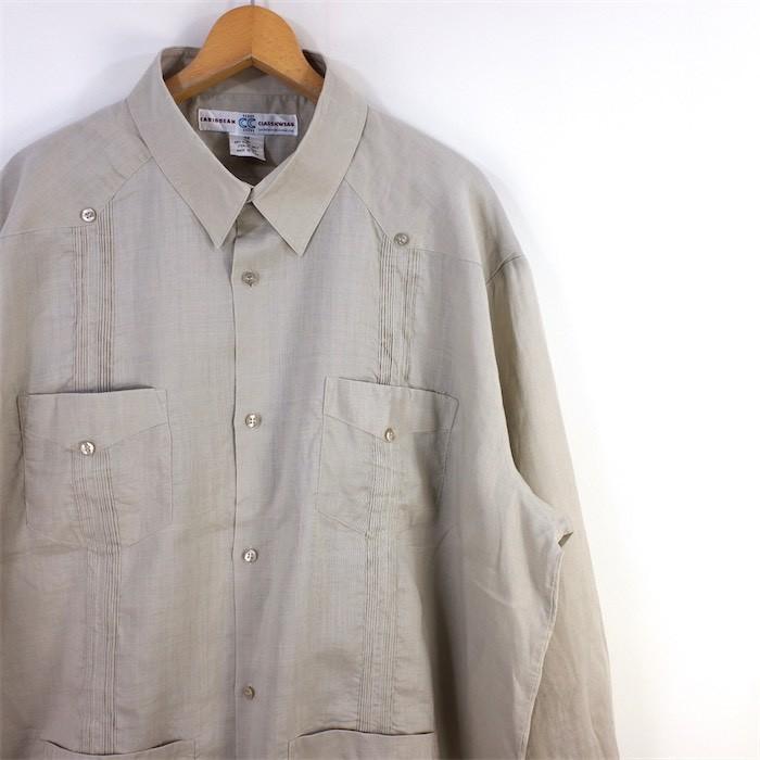 古着 大きいサイズ 90 S Mexico製 Don Carlos 長袖キューバシャツ メンズus Lサイズ 刺繍 プリーツステッチ ボックス裾 クリーム ビンテージ Jk 2609 Jk 2610 古着屋canopus 通販 Yahoo ショッピング