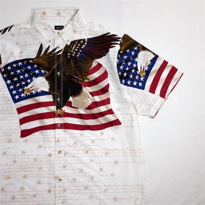 COTTON TRADERS SPORT 半袖ボタンダウンシャツ メンズUS-XLサイズ ホワイト イーグル 星条旗総柄 オールオーバー  90's 00's sh-3451n｜canopus-web-shop