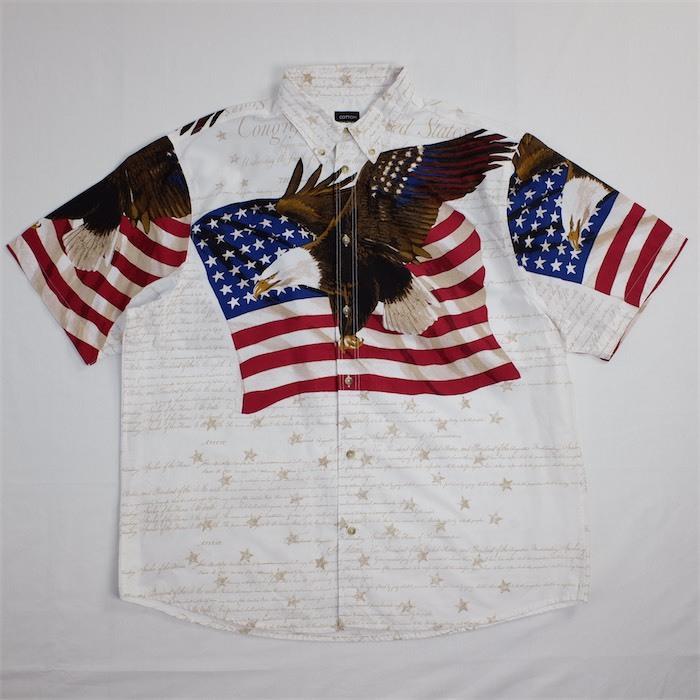COTTON TRADERS SPORT 半袖ボタンダウンシャツ メンズUS-XLサイズ ホワイト イーグル 星条旗総柄 オールオーバー  90's 00's sh-3451n｜canopus-web-shop｜02