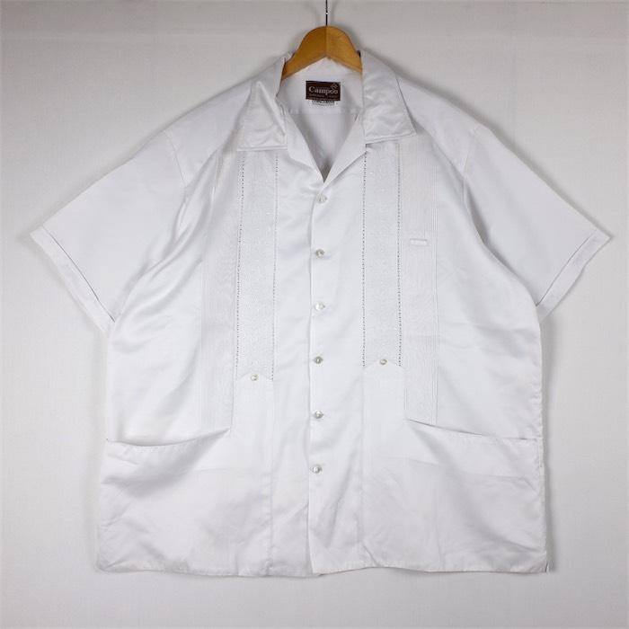 CUBAVERAヴィンテージ古着キューバシャツ半袖刺繍4ポケットリネンホワイト GUAYABERA Campos オープンカラー半袖キューバシャツ 刺繍入り