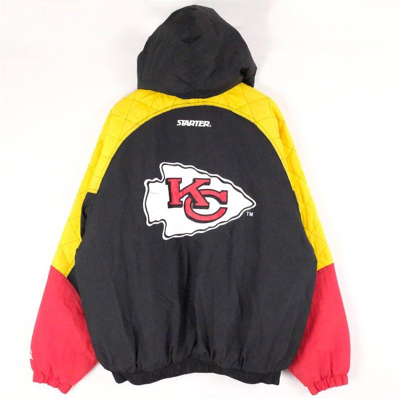 古着 大きいサイズ 90's STARTER × NFL オフィシャル 中綿フーデッドナイロンジャケット メンズUS-XLサイズ ブラック×レッド系 tn-1958｜canopus-web-shop｜03