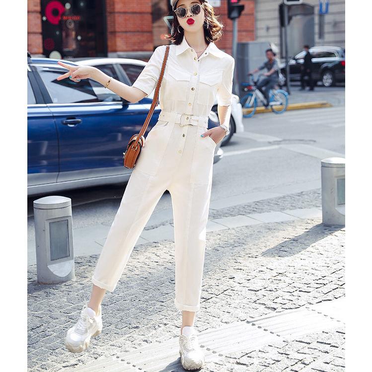 オールインワン レディース 夏 カジュアル 新作 夏服 夏コーデ ジャンプスーツ コンビネゾン ウエストベルト 襟付き ７