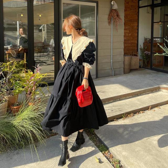 21 トレンド ビッグカラー ワンピース レディース フェミニン 春 秋 白襟 バイカラー フリル ちょうちん袖 ボリューム袖 ティアードスカート 切り替え 黒 Tke 0084 Canzone カンツォーネ 通販 Yahoo ショッピング