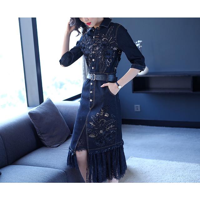 良好品 レース スパンコール ビーズ 刺繍 デニム 春 秋 コンサバ レディース ワンピース 膝丈 デート 高見え 豪華 華やか ポロカラー フロントボタン 七分袖 ミドル丈 ワンピース チュニック Www Profito Pl