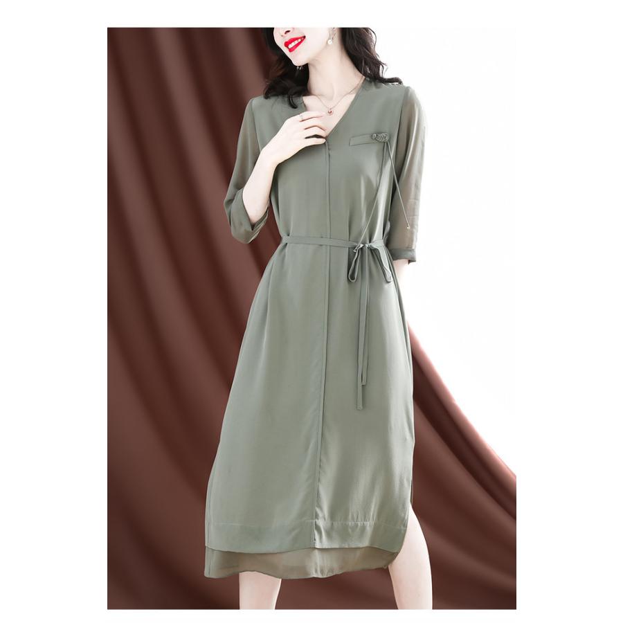 ロングセラー ワンピース レディース コンサバ 夏 21 夏物 新作 夏コーデ 夏 ミドル丈 膝丈 ミモレ丈 七分袖 Vネック シースルー 透け感 ウエストリボン シンプル 上品 待望の再販 Www Celebrityjoy Com