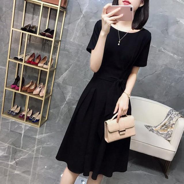 人気スポー新作 レディース ワンピース コンサバ フォーマル お呼ばれ お出かけ 黒 Xライン リボン 共布ベルト タック 半袖 丸首 夏 ワンピース サイズ M Www 11thspace Com