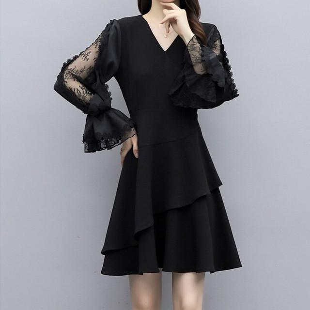 割引購入 ワンピース レディース 新作 フェミニン 春 秋 春コーデ 春服 1色 カシュクール 長袖 キャンディスリーブ レース 透け感 シースルー ショート丈 ティアード ワンピース サイズ L Www 11thspace Com