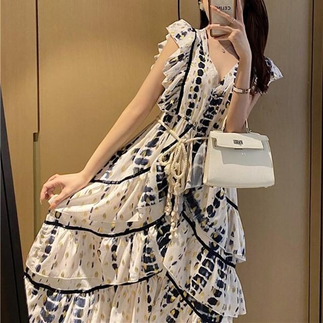 今季ブランド ノースリーブ ティアード ロング丈 フェミニン レディース ワンピース フリル 大人 おしゃれ 可愛い 体型カバー きれいめ 総柄 Vネック エレガント ワンピース サイズ L Www 11thspace Com