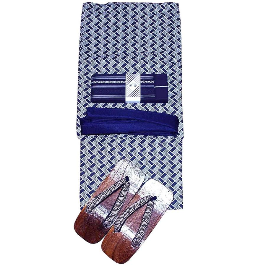 男性用 浴衣4点セット メンズ 浴衣 角帯 下駄 腰紐ロング ｌｌサイズ 紺系 Proyabloko Pro