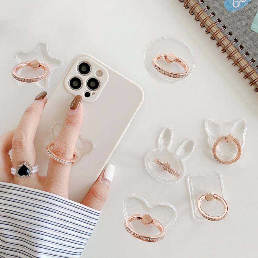 バンカーリング スマホリング クリア 透明 ストーン 指輪 おしゃれ かわいい 360度回転 落下防止 レディース 丸 長方形 ラウンド スクエア 落下防止 スマホ | iPhone | 07