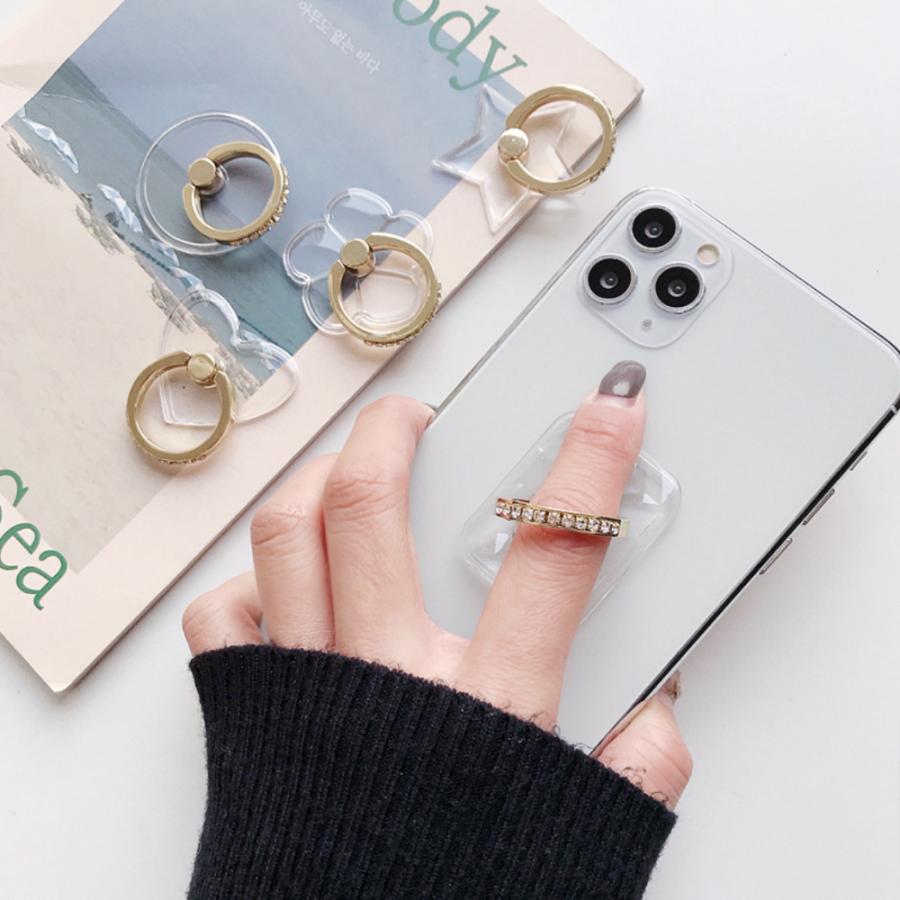 バンカーリング スマホリング クリア 透明 ストーン 指輪 おしゃれ かわいい 360度回転 落下防止 レディース 丸 長方形 ラウンド スクエア 落下防止 スマホ | iPhone | 08