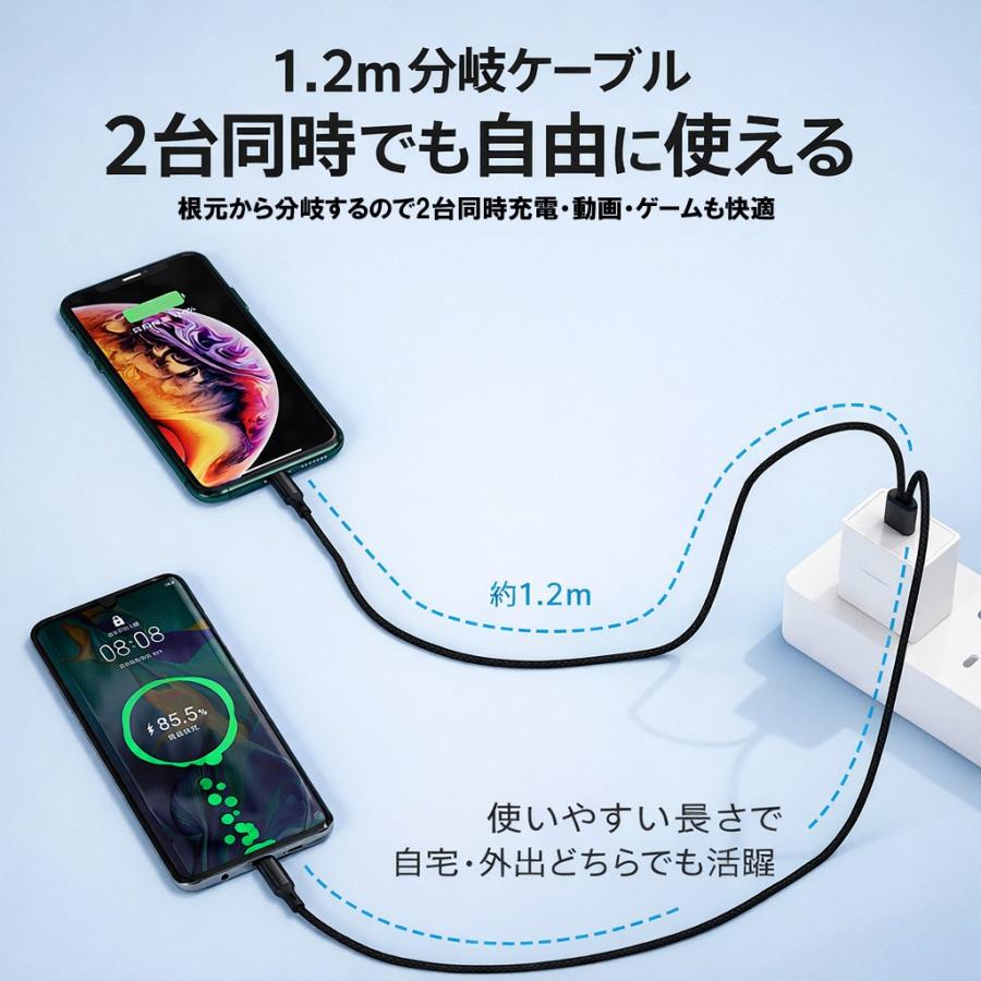 2in1 充電ケーブル 1.2m 根元分岐 同端子対応 黒 赤 USB-A Type-C