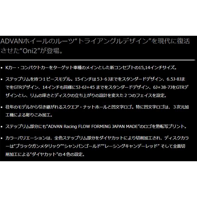 14インチ 6.0J +45 4H 100 (M12) ヨコハマ ADVAN Racing Oni2 マシニング\u0026ブラックガンメタリック (1本)の画像