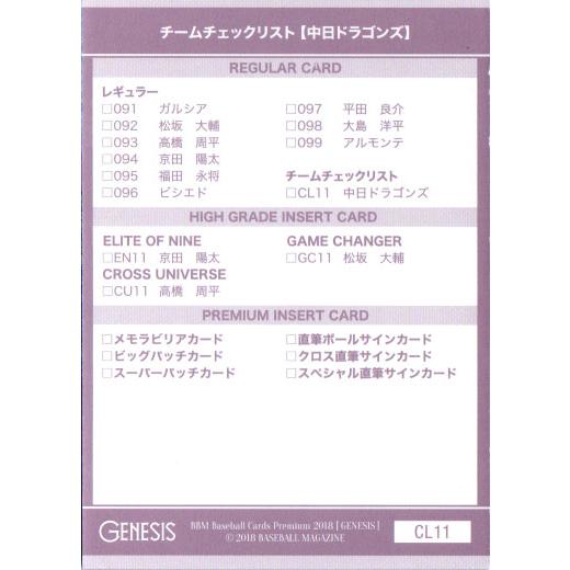 BBM2018 GENESIS/ジェネシス チェックリストカード No.CL11 中日
