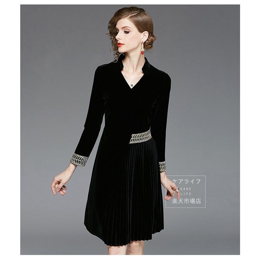 パーティードレスなら ケアライフ ヤフーショップ 人気 定番アイテムから今シーズンのトレンドまで 豊富な品揃えをご用意しております C1160 ベロアワンピース秋冬ワンピース Vネックドレス長袖ミディワンピース通勤ワンピース結婚式
