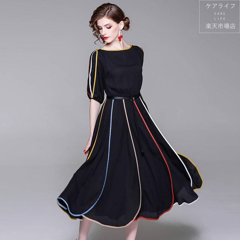 5分袖夏ワンピースミモレワンピースシフォンワンピースマルチカラーストライプ柄 レディースファッション ひざ下丈パーティードレス会ミモレワンピース 人気 定番アイテムから今シーズンのトレンドまで 豊富な品揃えをご用意しております C2439 5分袖夏ワンピース