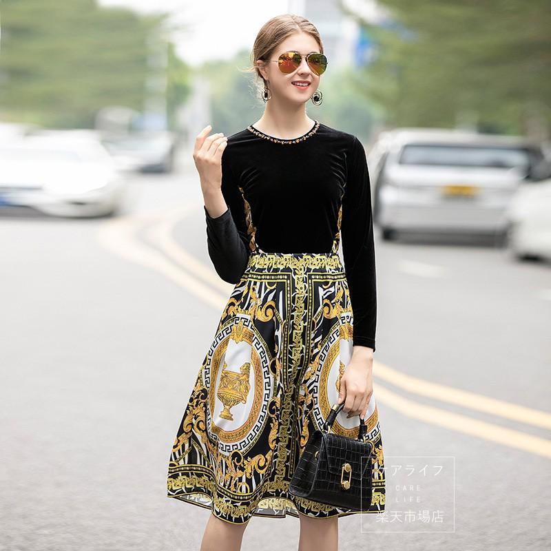 初回特典付 19新作 フォーマルドレス 欧米風秋冬ベロアワンピースビーズパール付き膝丈大人ドレス花柄ドレス 21新作 Yalaphone Com