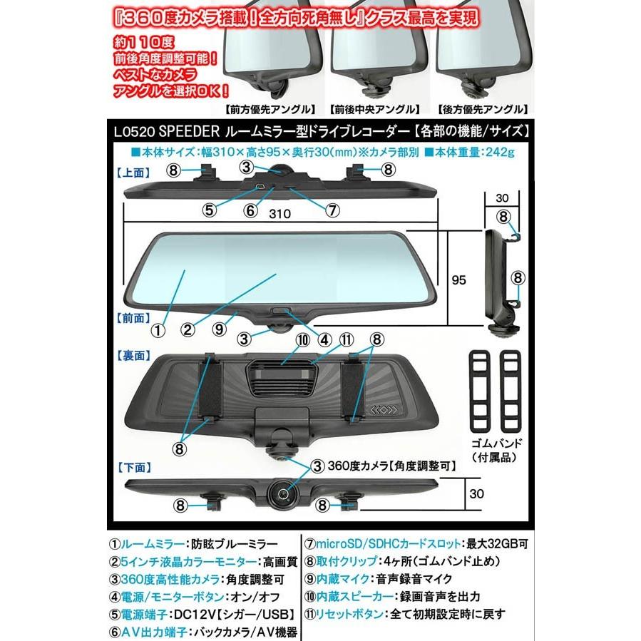 ミラ タント ムーヴ ブーン バックカメラ付 ルームミラー型 360度 ドライブレコーダー 5型液晶 L05スピーダー 0万画素 4種モード録画 死角無 1年保証 Lo5 Drive Recorder 74 カーグッズ屋ショッピング 通販 Yahoo ショッピング