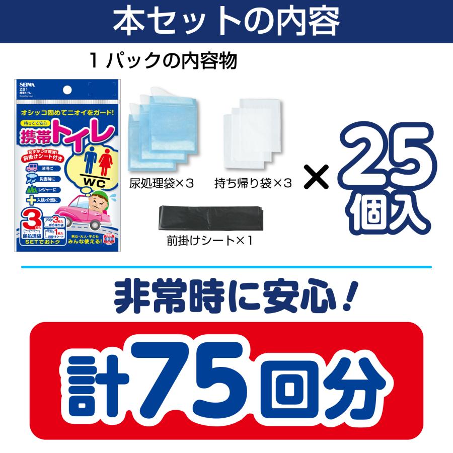 新品携帯トイレIMP294 75回分、前掛けシート付き防災用 SEIWA（セイワ） 常備用品 携帯トイレ 3枚入×25個セット 計75回分