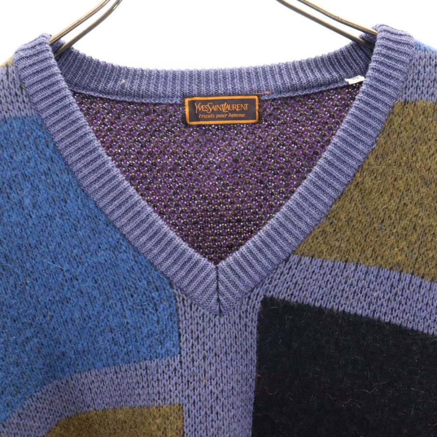 YVES SAINT LAURENT イヴサンローラン 80s 90s ウールブレンド オールド 長袖 Vネック セーター M ネイビー tricots pour homme ニット 厚手 メンズ 古着 中古