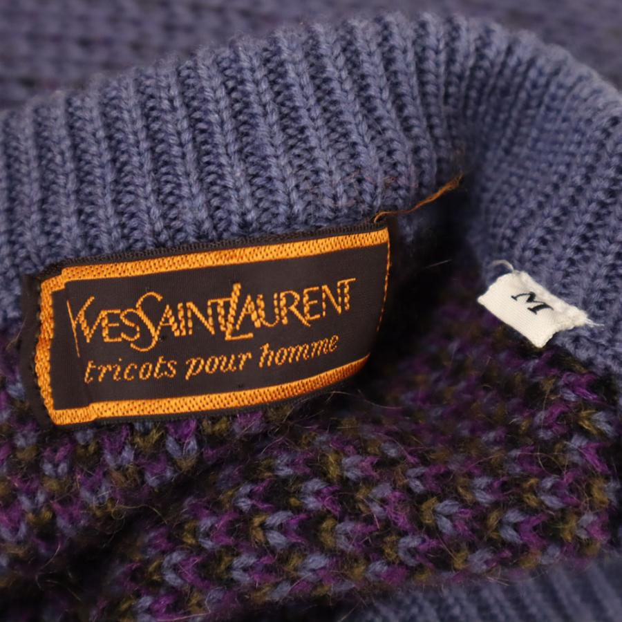 YVES SAINT LAURENT イヴサンローラン 80s 90s ウールブレンド オールド 長袖 Vネック セーター M ネイビー tricots pour homme ニット 厚手 メンズ 古着 中古