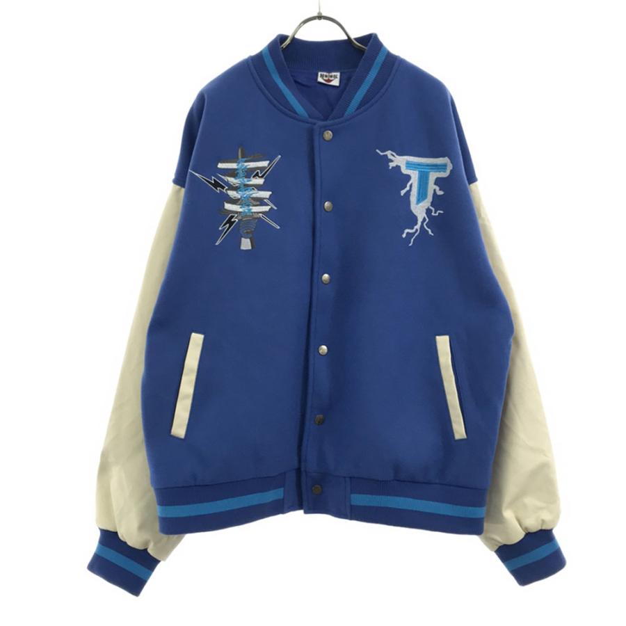 HOOK フック ロゴ刺繍 スタジャン L ブルー系×ホワイト PUレザー