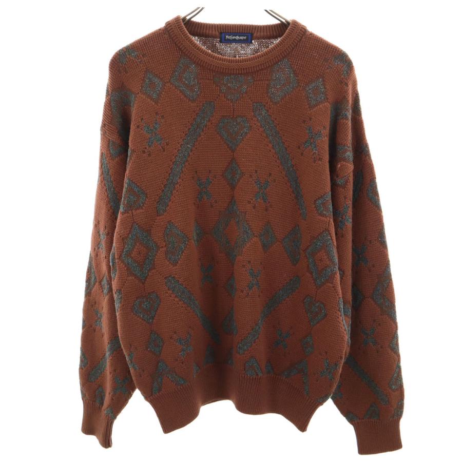 YVES SAINT LAURENT イヴサンローラン 90s オールド 総柄 長袖 セーター M ブラウン ニット メンズ Yves Saint Laurent（イヴ・サンローラン） 90s オールド 総柄 長袖