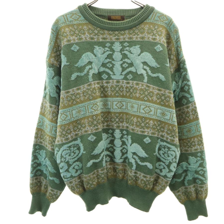 美品 ARAMIS アラミス 総柄 長袖 セーター M グリーン系 メンズ 古着