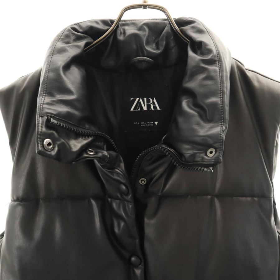 ZARA（ザラ） フェイクレザー 中綿ベスト L ブラック レディース 古着