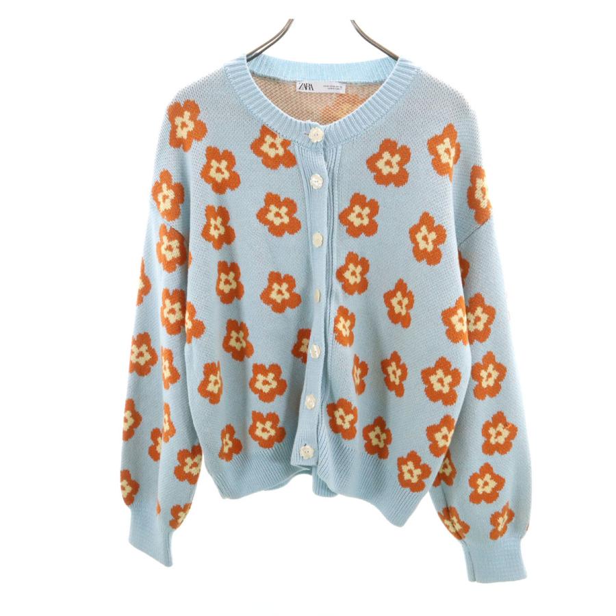 ZARA（ザラ） 花柄 長袖 ニットカーディガン M 水色 レディース 古着