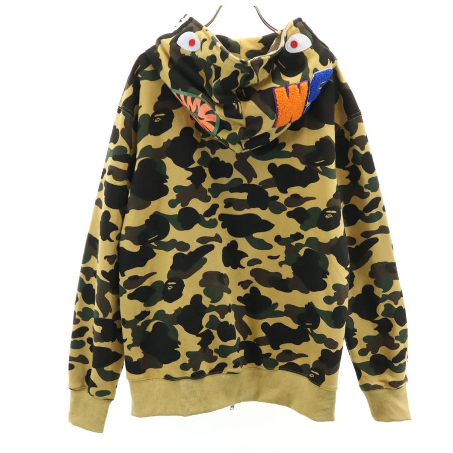 A BATHING APE アベイシングエイプ 日本製 カモフラ柄 長袖 スウェット シャーク ジップパーカー M キャメル 迷彩 メンズ 古着 中古の画像