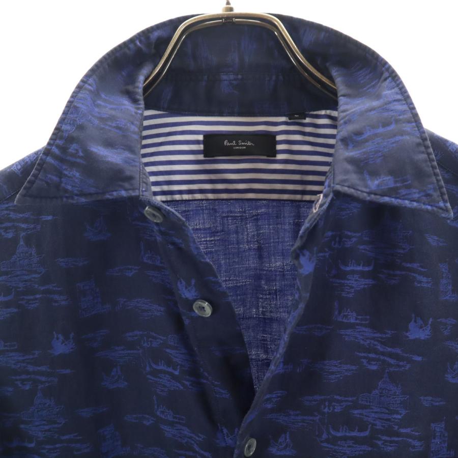 美品 大きいサイズXL 希少プリント ポールスミス 長袖シャツ コットン 紺系 Paul Smith LONDON ポールスミスロンドン 日本製 総柄 長袖 コットン