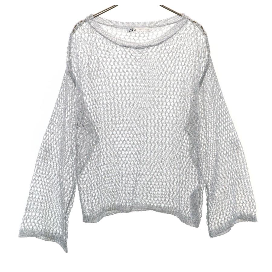 VINTAGE - 古着 ビンテージ 90s 鍵網 レーヨンメッシュ ニット 長袖 シンメトリー ZARA（ザラ） 長袖 メタリック メッシュ セーター S シルバー ロンT