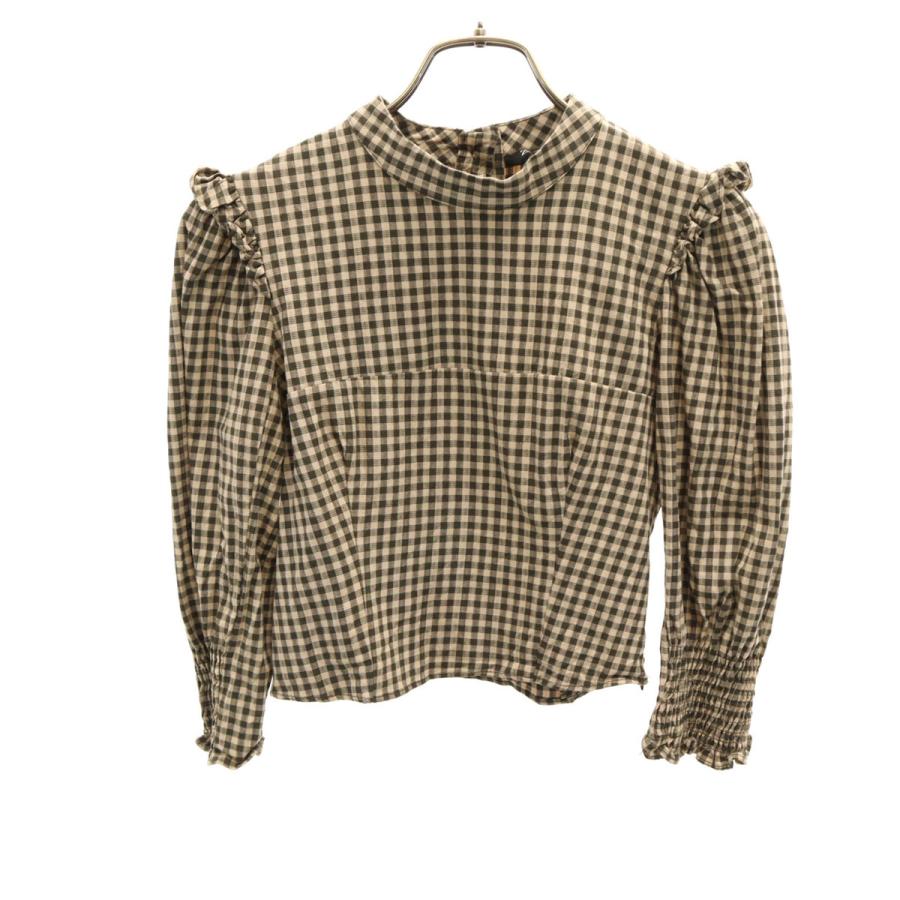 ZARA（ザラ） ギンガムチェック柄 5分袖 フリル シャツ M ベージュ系 