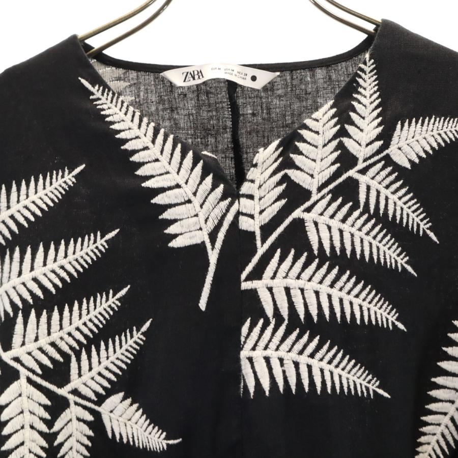 ZARA 新品　リネン刺繍ワンピース M ZARA（ザラ） リネン リーフ刺繍 長袖 ロングワンピース M ブラック