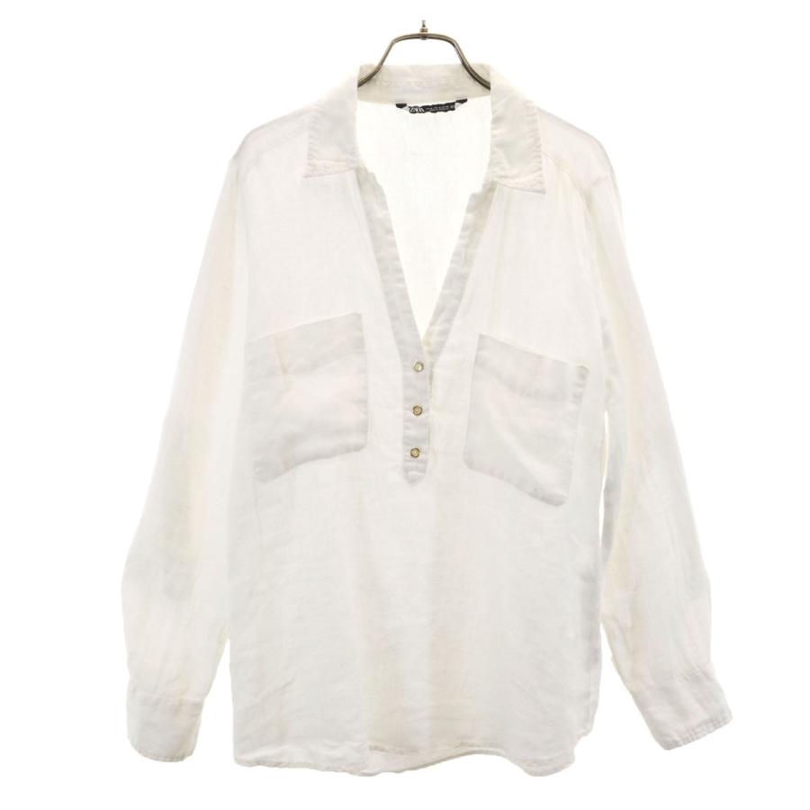 ZARA（ザラ） リネン 長袖 スキッパー シャツ M ホワイト ロールアップ 