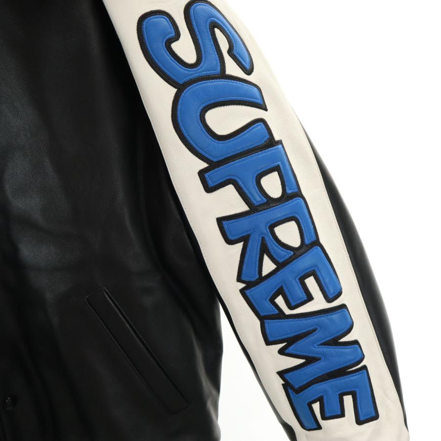 古着 Supreme シュプリーム 20FW スマーフ コラボ 羊革レザー バーシティ ジャケット L ブラック x The Smurfs 中綿 メンズ Supreme（シュプリーム） 20FW スマーフ コラボ 羊革レザー バーシティ