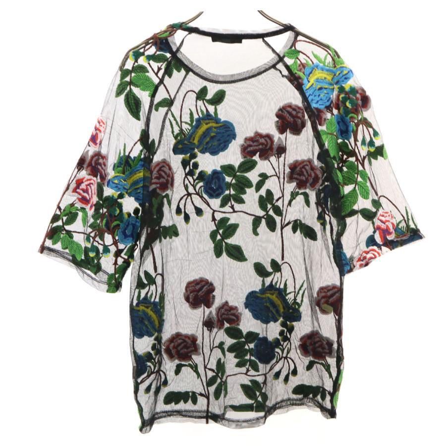 ZARA（ザラ） 花柄刺繍 半袖 シアー Tシャツ S ブラック レディース