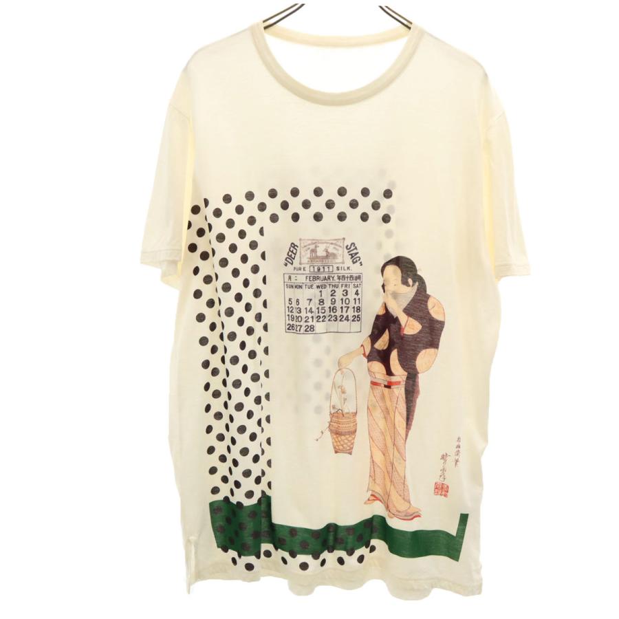 Ground Y グランドワイ 河鍋暁斎 コラボ 日本製 美人十二ヵ月カレンダー二月 半袖 Tシャツ 3 アイボリー ヨウジヤマモト メンズ Ground Y グランドワイ 河鍋暁斎 コラボ 日本製 美人十二ヵ月