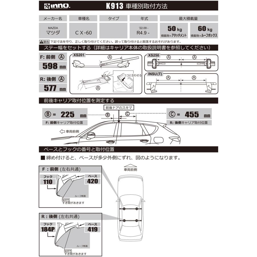 マツダ CX-60 R4.9〜 KH系 パノラマルーフ含む スクエアベース 車種別 ベースキャリアセット 車 キャリア バー ルーフ ベース セット inno｜carmate｜05